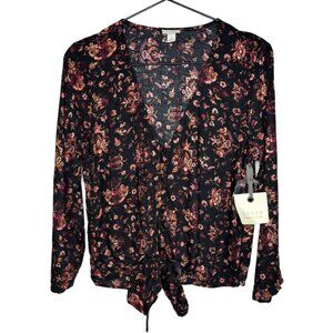 NWT Women's Floral Tie Front Blouse Top, Black Sz XS